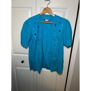 Vintage City Girl California Turquoise Embellished Open Front Top Jacket Size 10